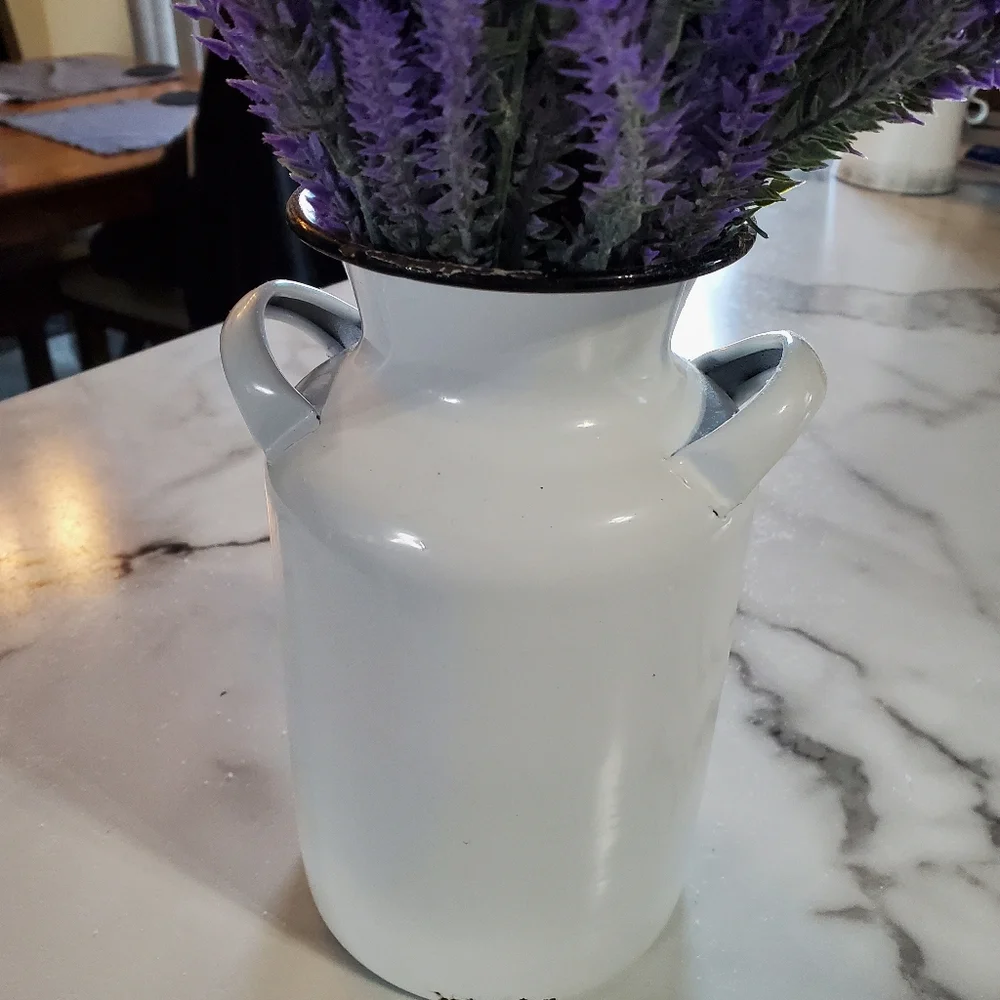 Lavender Artificial Flowers in Milk Jug Metal Vase
